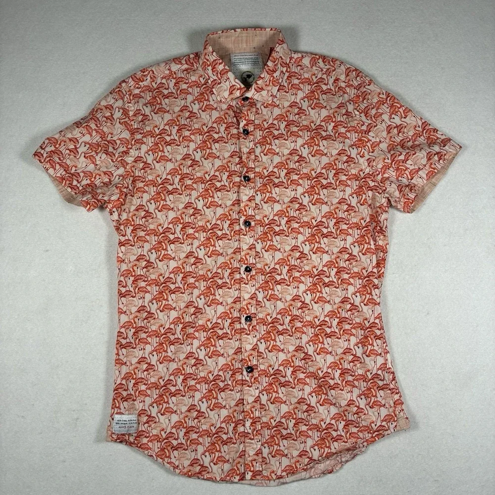 A Fish Named Fred Mens L Pink Flamingo AOP Short Sleeve Stretch Button Up Shirt